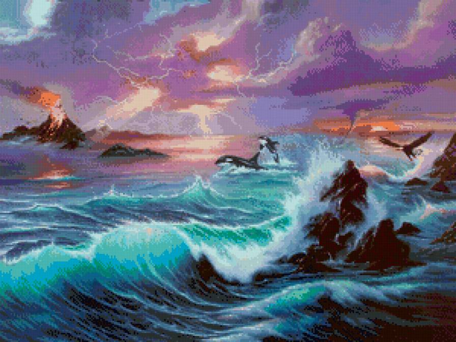 сказочные картины художников - море, молния, шторм, дельфины - предпросмотр
