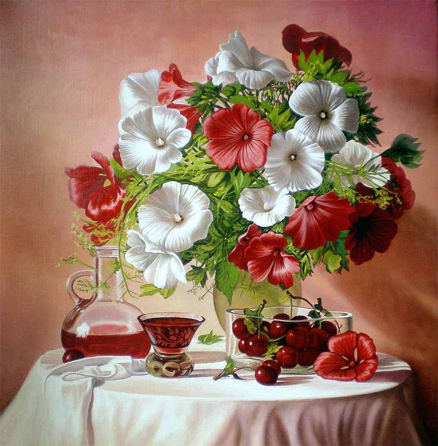 натюрморт с вишней - ягоды, цветы, натюрморт - оригинал
