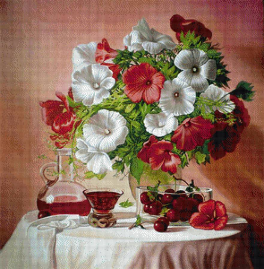 натюрморт с вишней - цветы, натюрморт, ягоды - предпросмотр