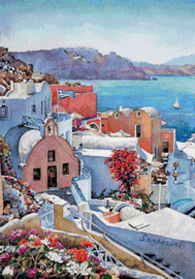 Художник Пантелис Зографос - живопись, санторини, море, дорога, греция, цветы, дома, пейзаж - предпросмотр
