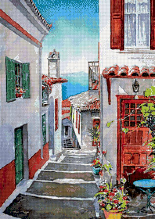 Художник Пантелис Зографос - дорога, цветы, греция, пейзаж, море, дома, живопись - предпросмотр