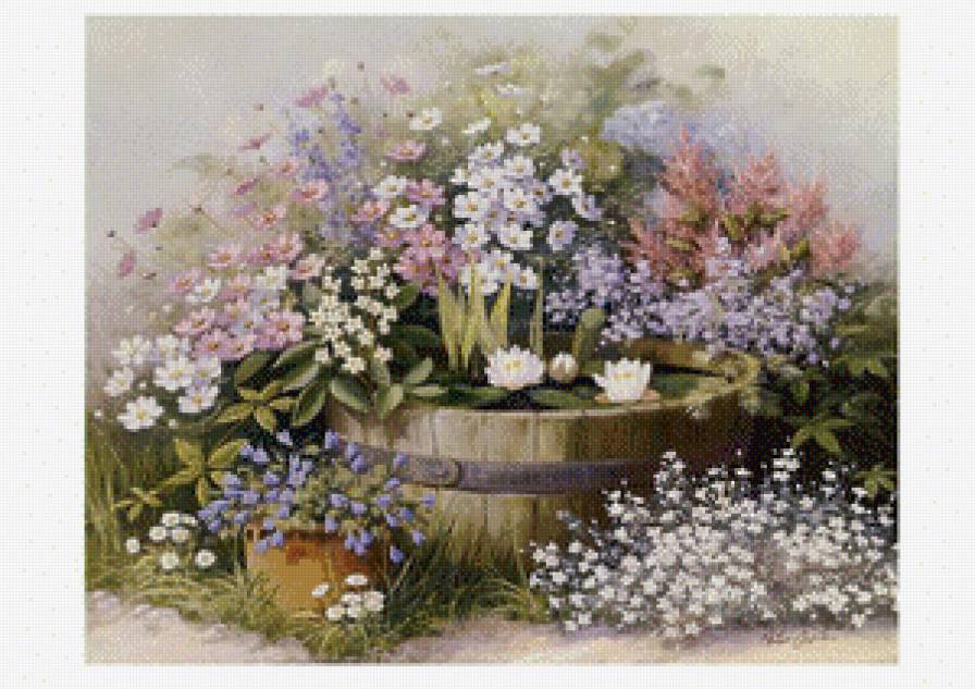 Цветы у кадки с водяными лилиями - цветы водяная лилия - предпросмотр