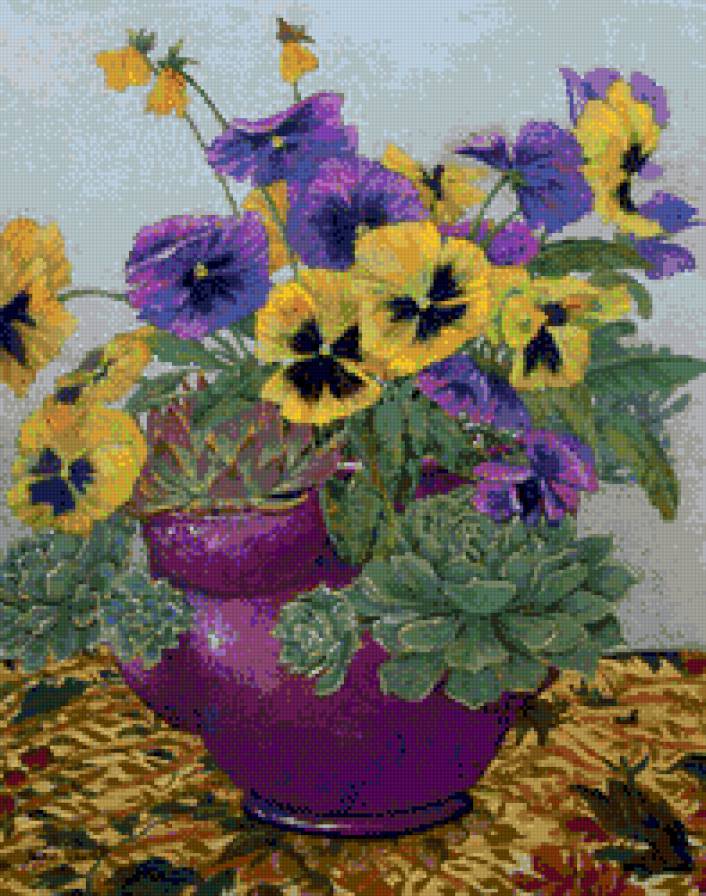 анютки с сокуленты в вазе - цветы - предпросмотр