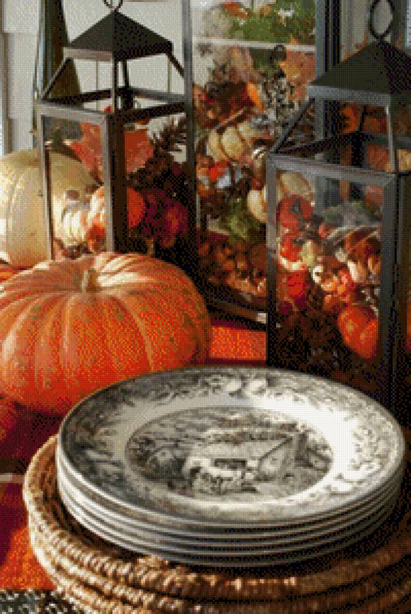 Натюрморт с тыквой - тыква, тарелки, осень - предпросмотр