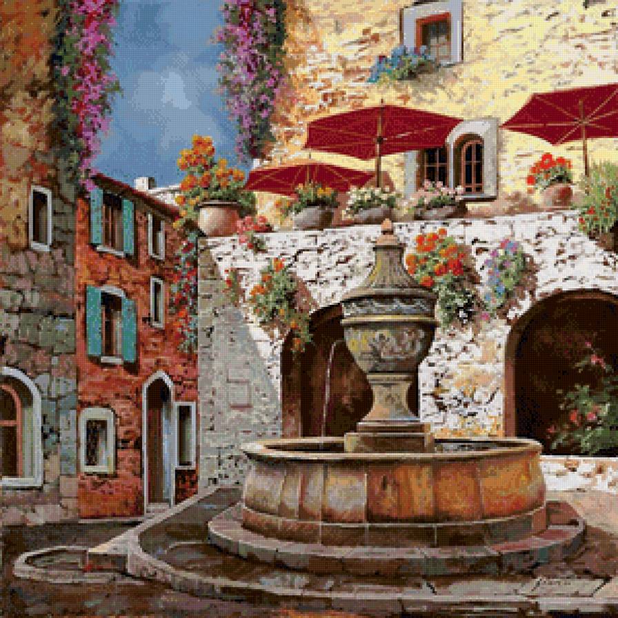 Художник Guido Borelli - улочка, уютный дворик, цветы, город, фонтан, франция, дома - предпросмотр
