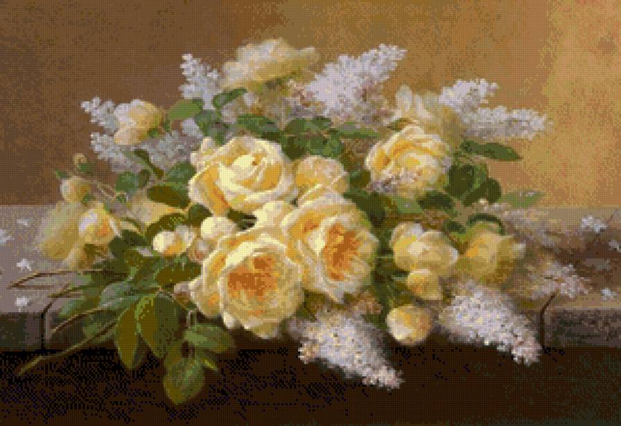 букет из желтых роз и сирени на кирпичах - художник paul de longpre - предпросмотр