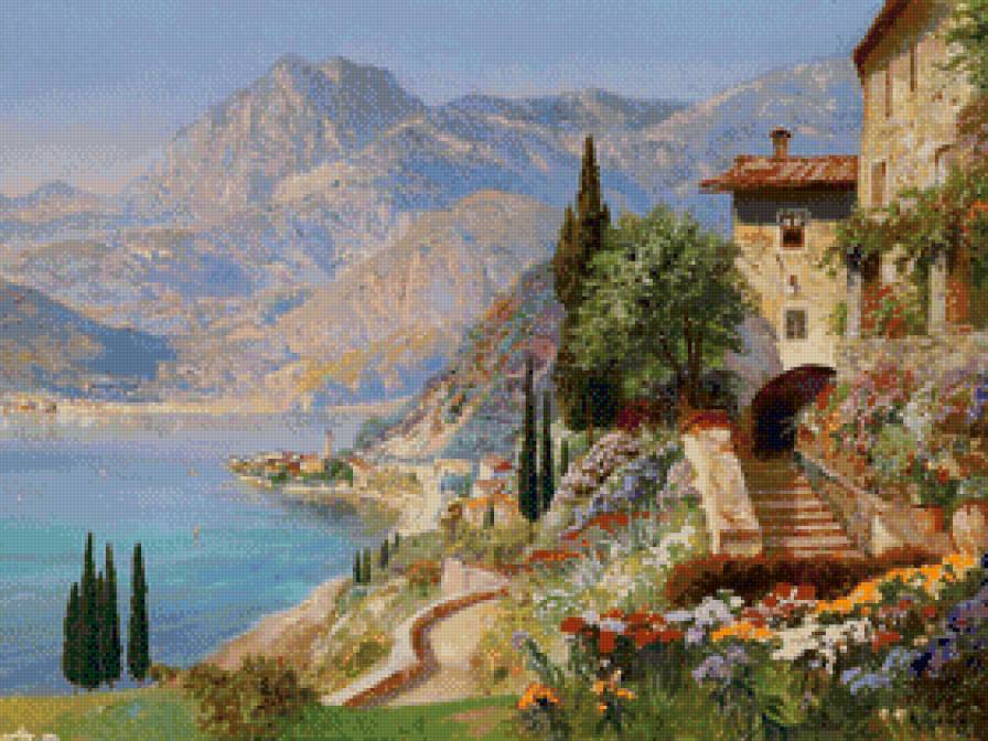 Вид Варенны на озере Комо - озеро, дома, живопись, италия, горы, алоис арнеггер, пейзаж - предпросмотр