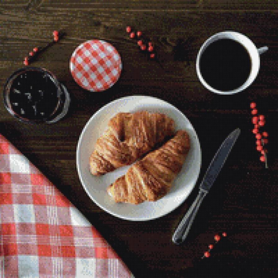 №1017870 - натюрморт, круассаны, кофе, варенье, джем, завтрак - предпросмотр