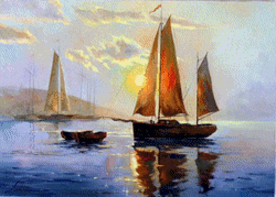 Утро на море - пейзаж, ладыгин, восход, корабль, море - предпросмотр