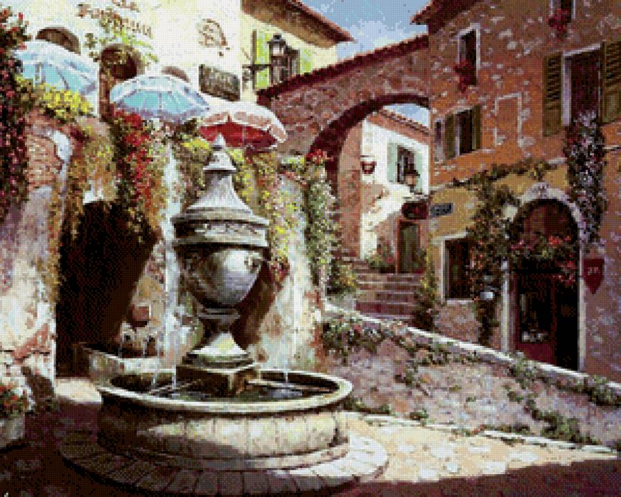 Sung Sam Park, фонтан, Сен-Поль-де-Ванс, Франция - франция, дворик, дома, город, sung sam park, живопись, фонтан - предпросмотр