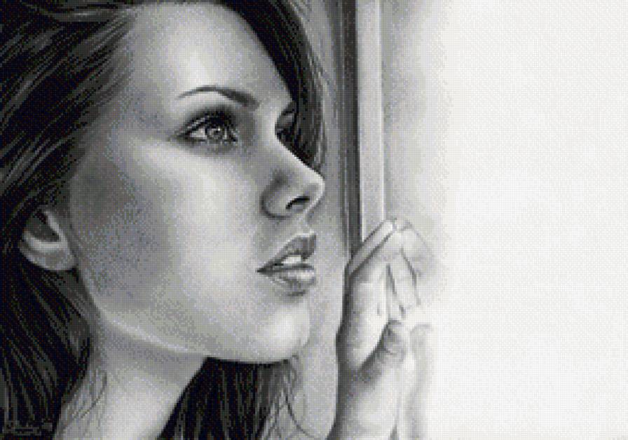 ожидание - девушка, монохром, картина, портрет - предпросмотр