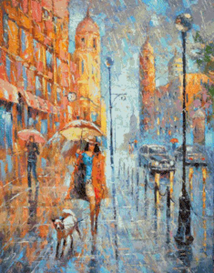 под дождем - живопись, искусство, дождь, картина, город - предпросмотр