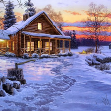 Схема вышивки «ДОМИК В ВЕЧЕРНЕМ  ЗИМНЕМ ЛЕСУ»