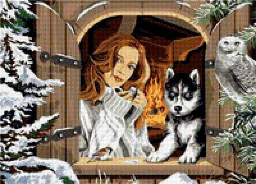 Зимний вечер у окна - хаска, зима, сова - предпросмотр