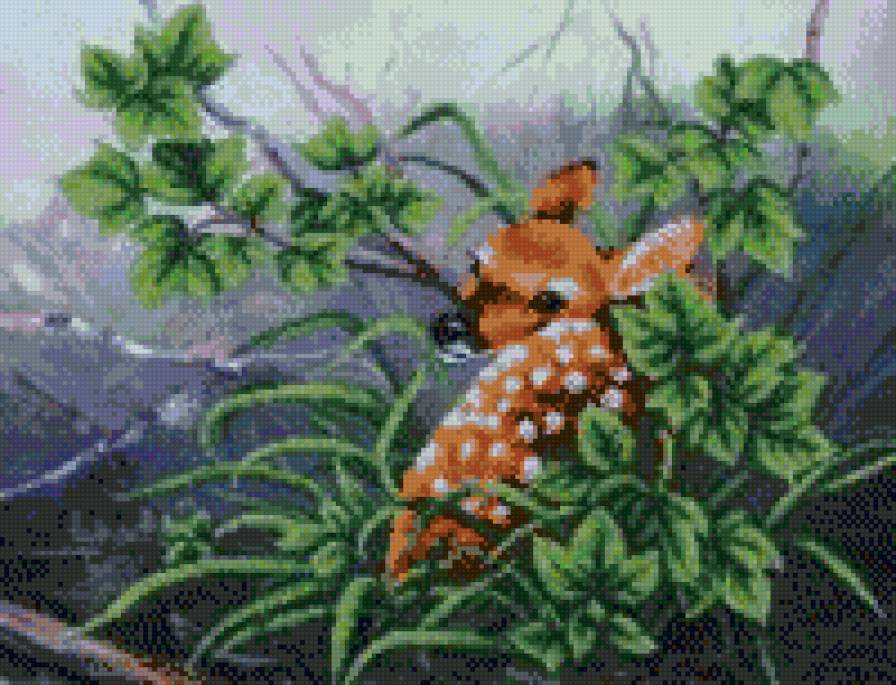 Олененок в кустах - олени, животные, олененок - предпросмотр