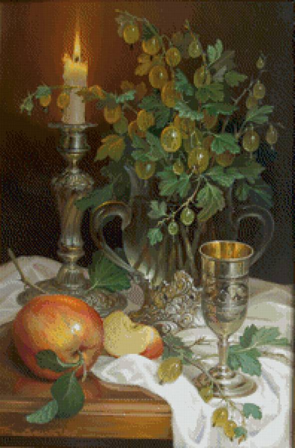 Натюрморт Дм. Власова - яблоко, натюрморт, свеча, крыжовник - предпросмотр