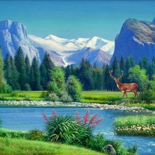 Схема вышивки «горный пейзаж и олень»