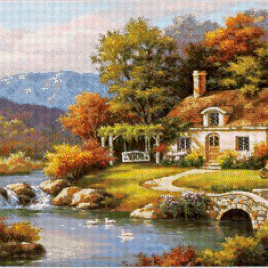 домик,горы,река - горы, пейзаж, домик, река - предпросмотр