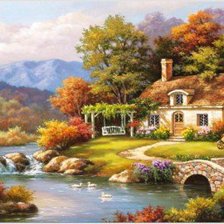 Схема вышивки «домик,горы,река»