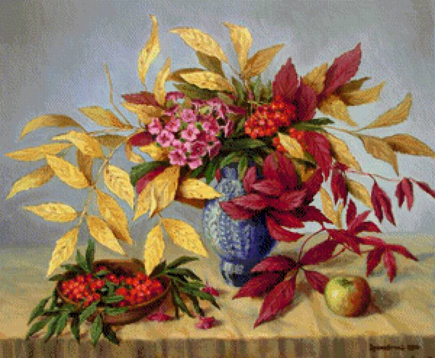 Осенняя пора - осень, натюрморт, цветы, урожай, рябина, букет - предпросмотр