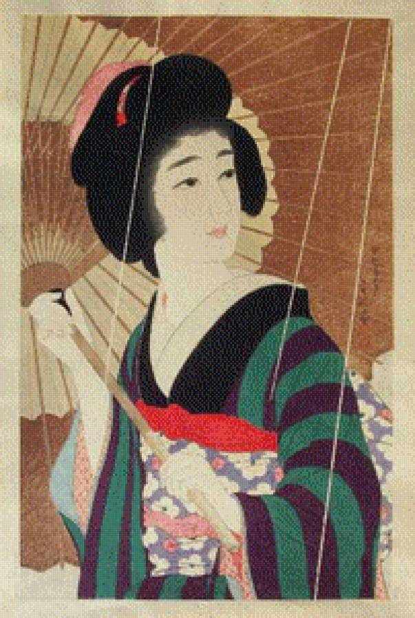 Дама под зонтом - укие-э, япония - предпросмотр
