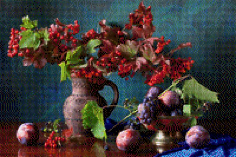 Осенний натюрморт - натюрморт, рябина, сливы, виноград, осень - предпросмотр