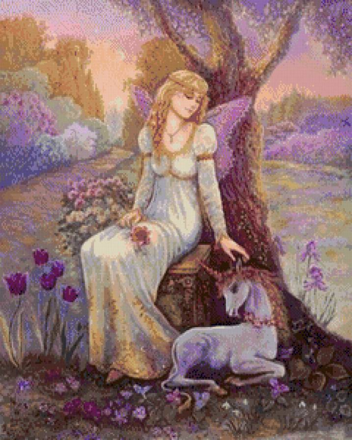 Девушка с единорогом - единорог, девушка, волшебство, фэнтези - предпросмотр