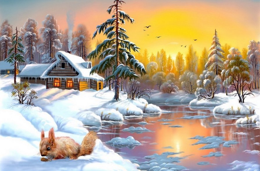 Зима - лес, белка - оригинал