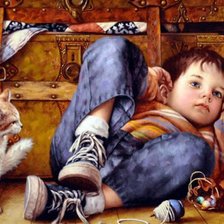 Схема вышивки «мальчик и рыжий котенок»