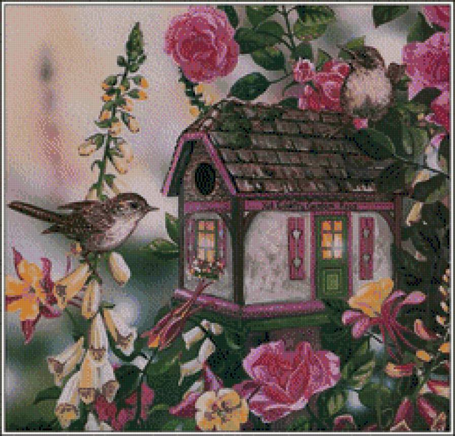 птичка у домика - птицы - предпросмотр