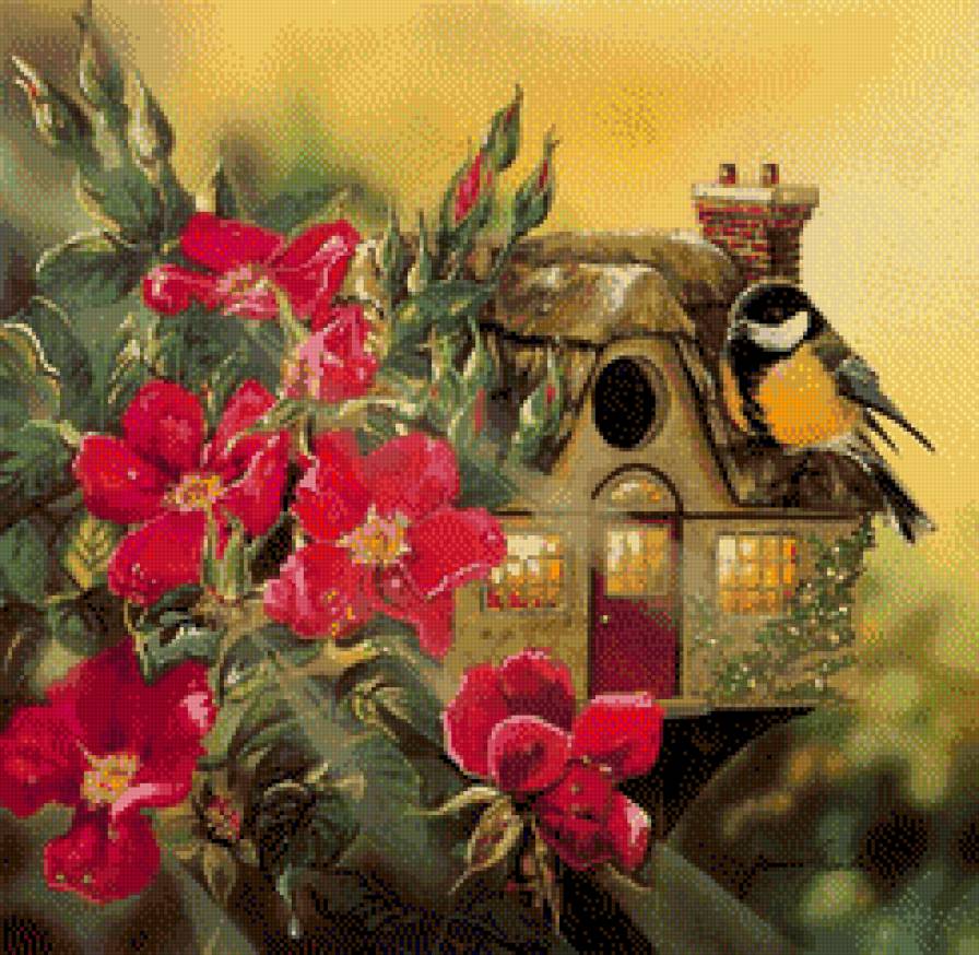 птичка у домика - птицы - предпросмотр