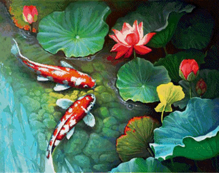 В пруду - рыбки, пруд, карпы, кои, лотосы - предпросмотр