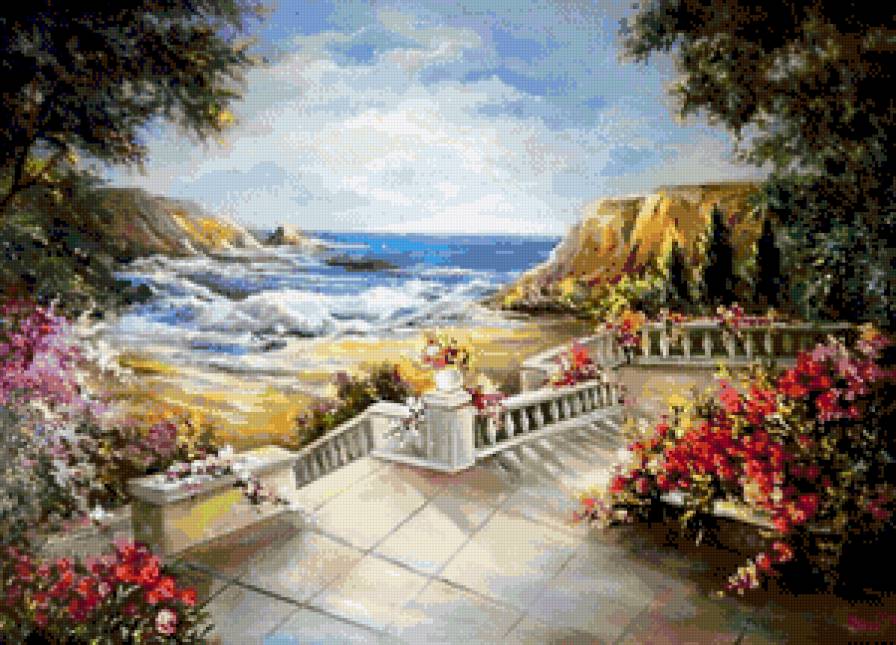 картины художницы Анка Булгари - терраса, море, цветы - предпросмотр