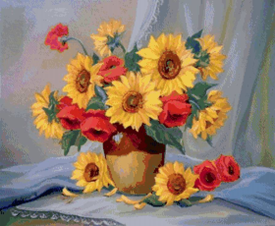 картины художницы Анка Булгари - подсолнухи и маки в вазе - предпросмотр