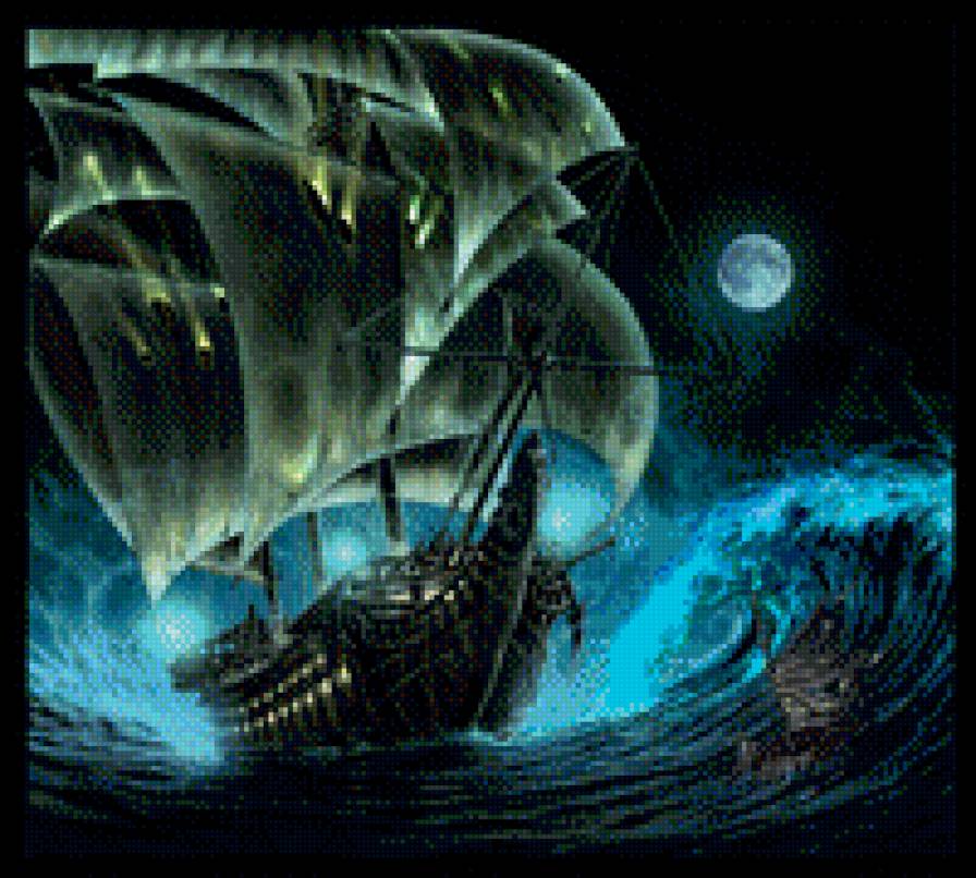 Парусник - ночь, парусник, буря, луна, море - предпросмотр