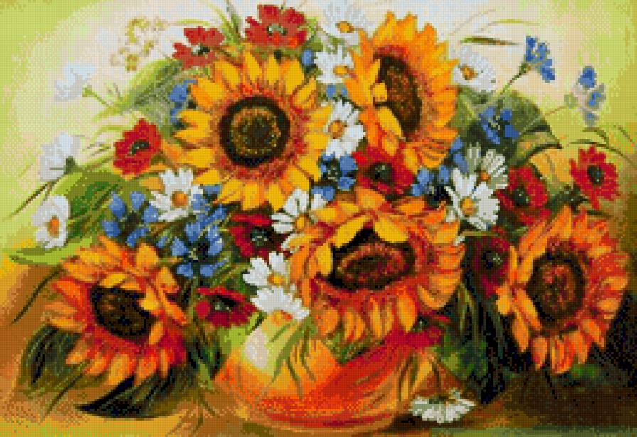 полевой букет с подсолнухами - ромашки, подсолнухи, васильки - предпросмотр