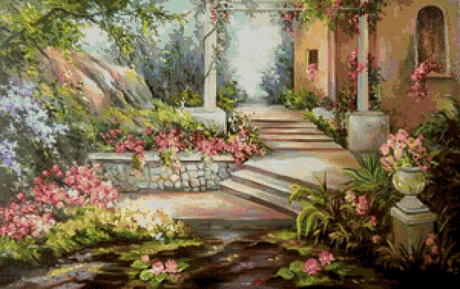 дворик, картина художницы Анка Булгари - двор, цветы, деревья, дом - предпросмотр