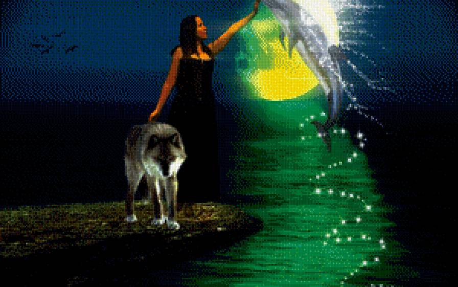 Девушка, дельфин и волк - луна, волк, дельфин, девушка - предпросмотр