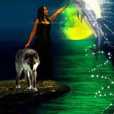 Девушка, дельфин и волк