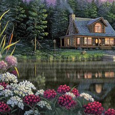 Схема вышивки «картины художников, домик на берегу озера»