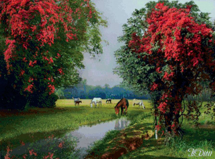 У водопоя - лошадь, лошади, река, природа, деревья, вода, пейзаж, лес - предпросмотр