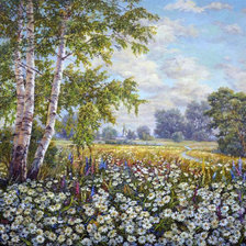 Схема вышивки «берёзы в ромащках»