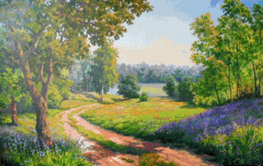картины художников - пейзаж - васильки, дорога, лес, колокольчики - предпросмотр