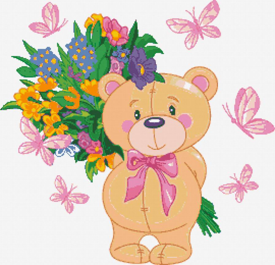 Мишка с букетом - букет, схема для вышивания, мишка, цветы, вышивка - предпросмотр