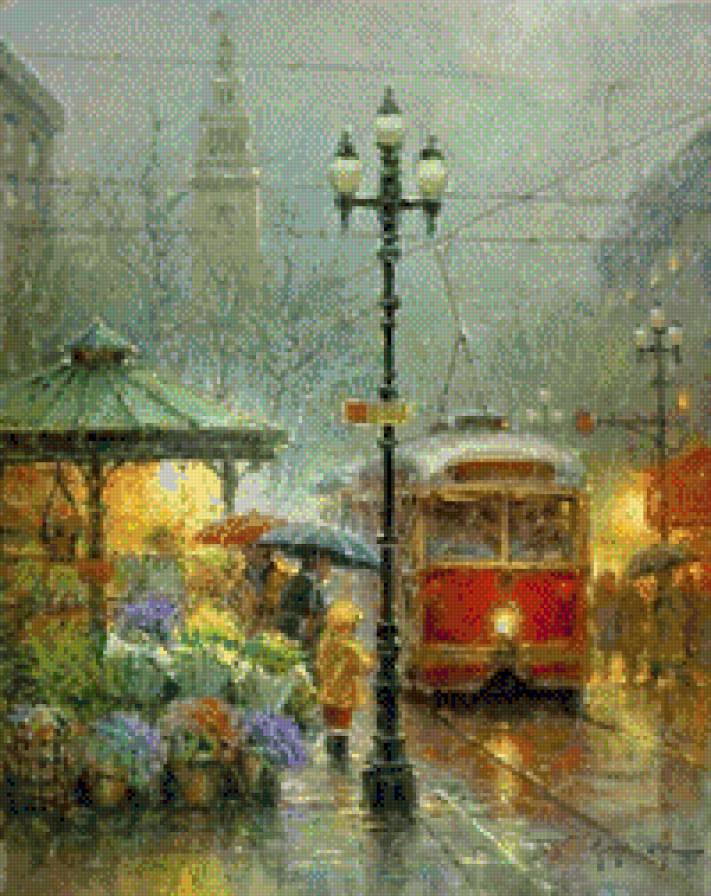 город - трамвай, улица, город, дождь - предпросмотр