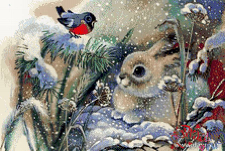 кролик и снегирь - зима, животные, птицы - предпросмотр