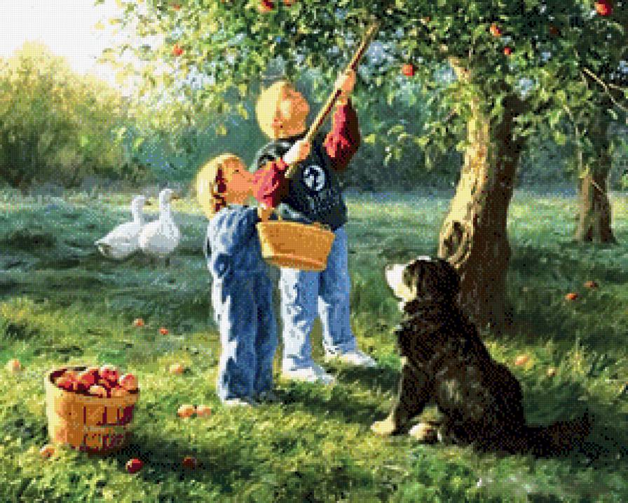 Дети в саду - солнечный денек, дети, сад, яблоки, лето - предпросмотр