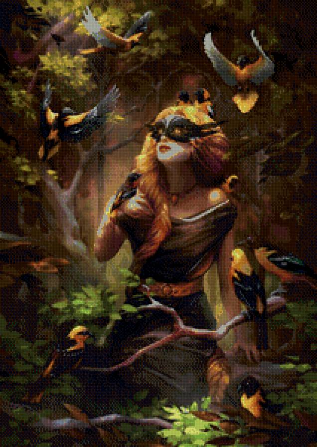 Девушка и птицы - девушка, птицы, лес - предпросмотр