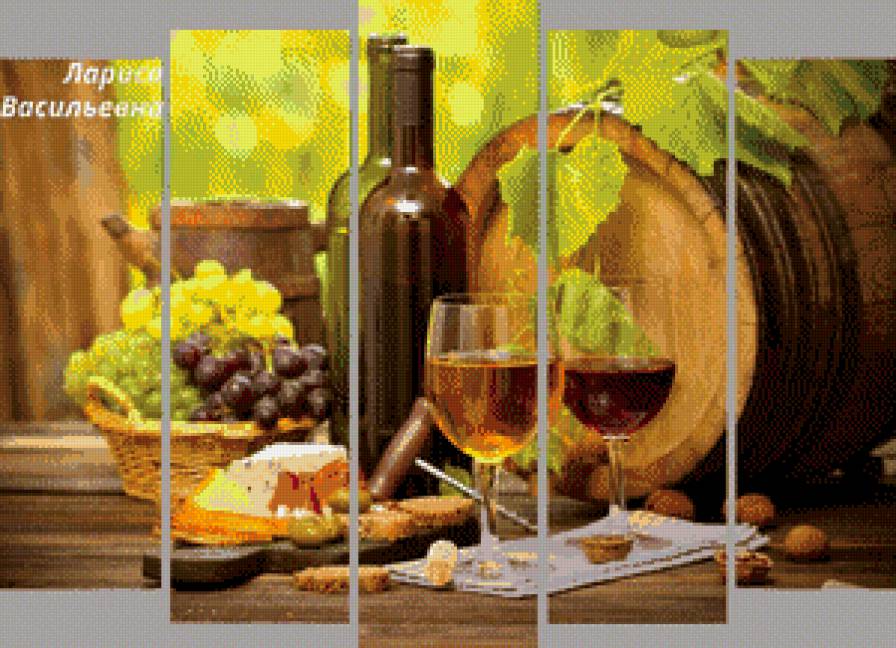 натюрморт с вином и виноградом - модульная картина, виноград, натюрморт - предпросмотр