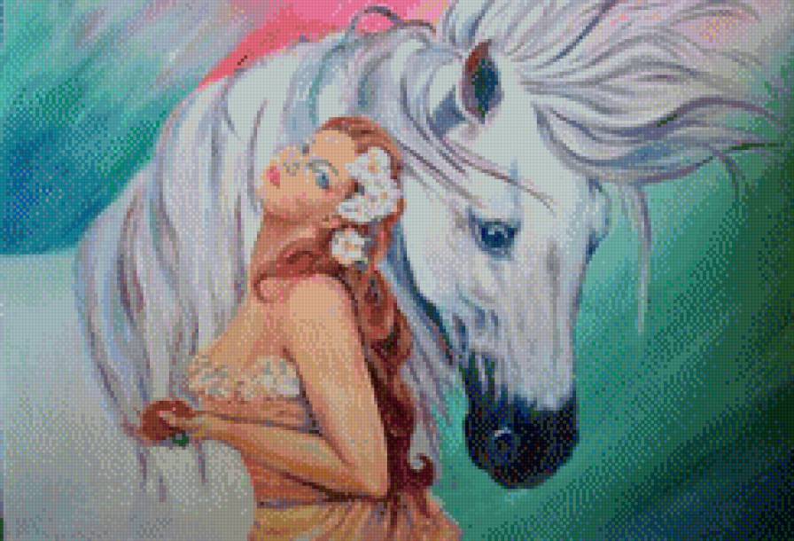 Анжелика и белый конь - животные, девушка, живопись, картина, искусство - предпросмотр